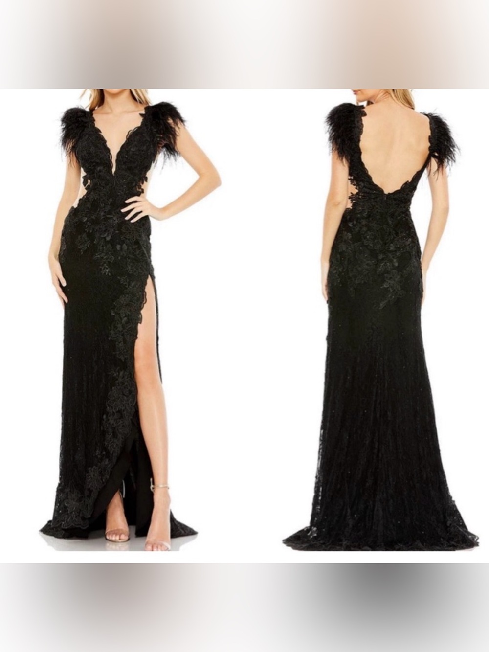 Mac Duggal Black Feather-Trim Lace Evening Dress